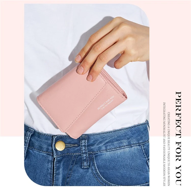 PARFAIT POUR VOUS 6348-002 Portefeuille court en cuir PU pour femmes avec rangement pour cartes et poche zippée - Rose