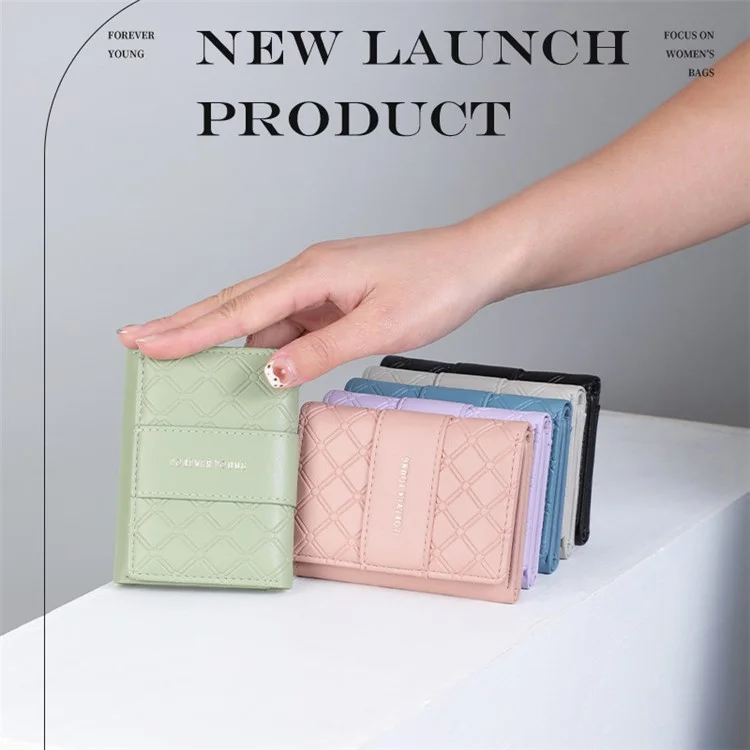 FOREVER YOUNG 8346-018Y Rhombus Grid Design PU Leather Short Wallet Women Folding Purse - Rose
