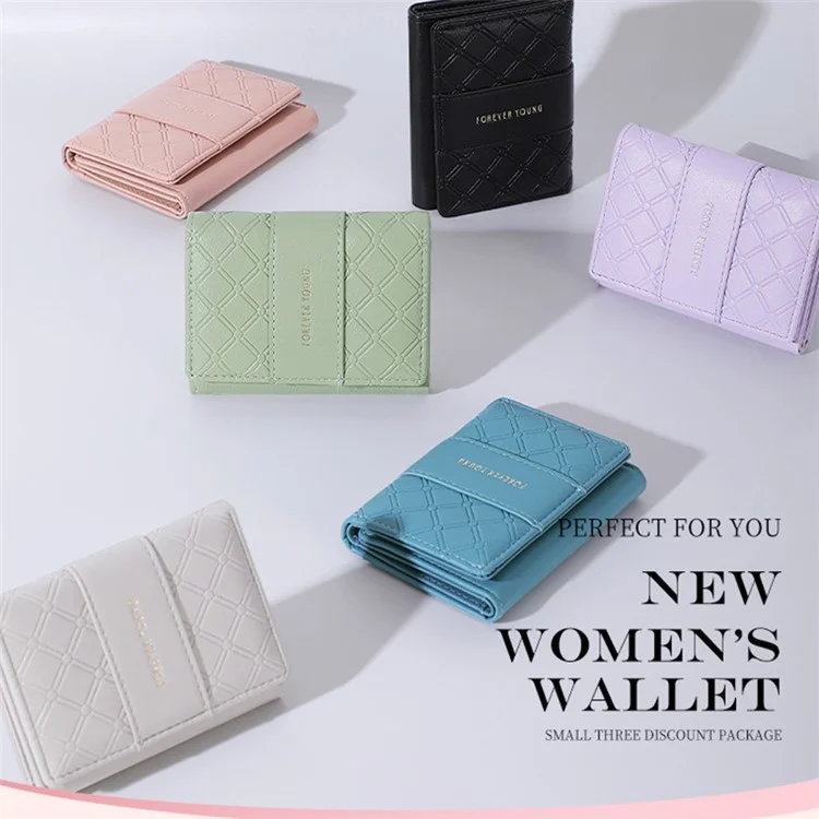 FOREVER YOUNG 8346-018Y Rhombus Grid Design PU Leather Short Wallet Women Folding Purse - Rose