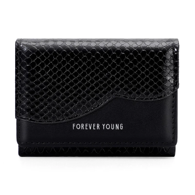 FOREVER YOUNG 8346-015Y Women Snake Texture PU Leather Short Wallet Card Holder Tri-fold Bag - Black