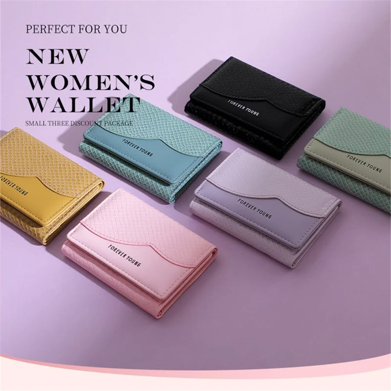 FOREVER YOUNG 8346-015Y Women Snake Texture PU Leather Short Wallet Card Holder Tri-fold Bag - Black