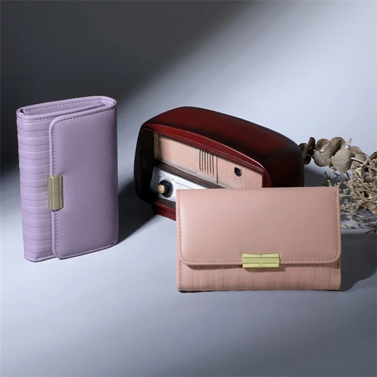 PERFECT FOR YOU 6311-002 Striped Texture Women Tri-fold Wallet PU Leather Clutch Purse - Pink