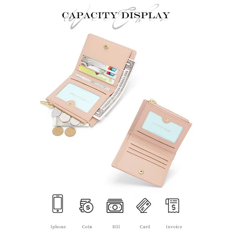 FOREVER YOUNG 8303-017Y Zipper Coin Purse PU Leather Women Bi-fold Short Wallet - Rose
