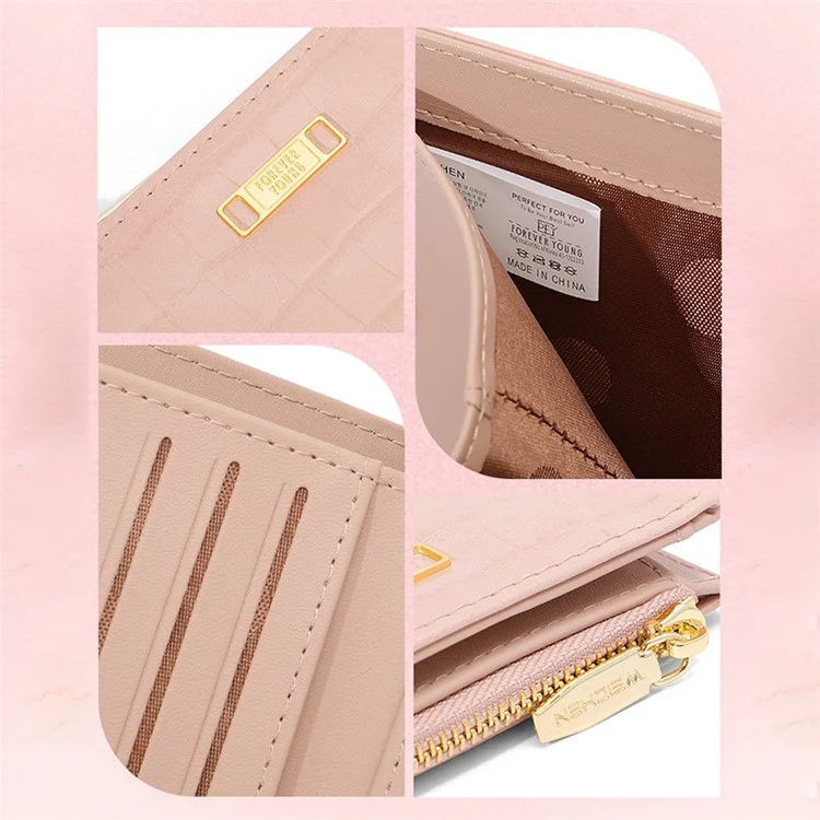 FOREVER YOUNG 8303-017Y Zipper Coin Purse PU Leather Women Bi-fold Short Wallet - Rose