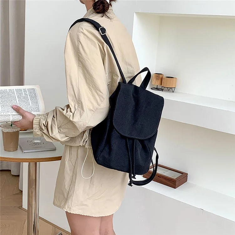 3520 Drawstring Design Student Bookbag Canvas Travel Shoulders Bag Backpack Daypack - Black