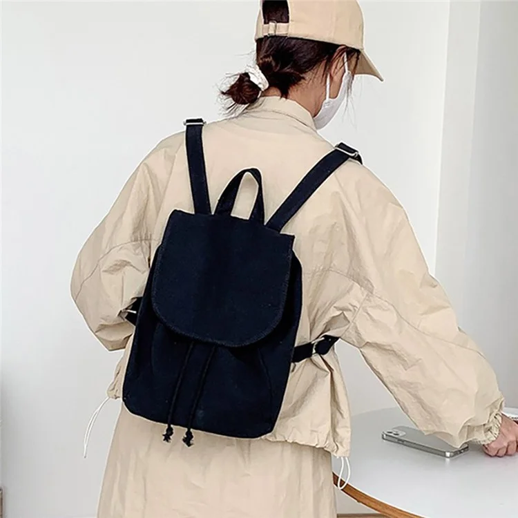 3520 Drawstring Design Student Bookbag Canvas Travel Shoulders Bag Backpack Daypack - Black
