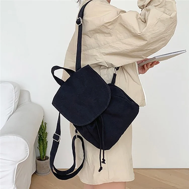 3520 Drawstring Design Student Bookbag Canvas Travel Shoulders Bag Backpack Daypack - Black