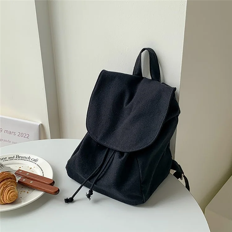 3520 Drawstring Design Student Bookbag Canvas Travel Shoulders Bag Backpack Daypack - Black