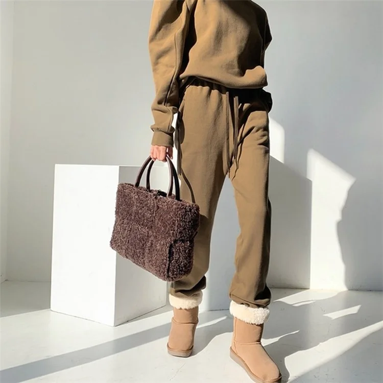 Large Nylon Soft Plush Tote Handbag Top-Handle Women's Bucket Bag Clutch Purse - Coffee