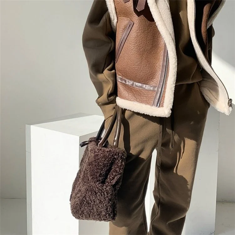 Large Nylon Soft Plush Tote Handbag Top-Handle Women's Bucket Bag Clutch Purse - Coffee