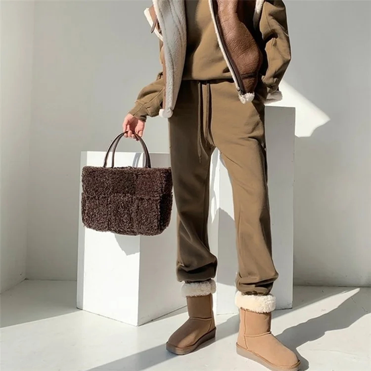 Large Nylon Soft Plush Tote Handbag Top-Handle Women's Bucket Bag Clutch Purse - Coffee