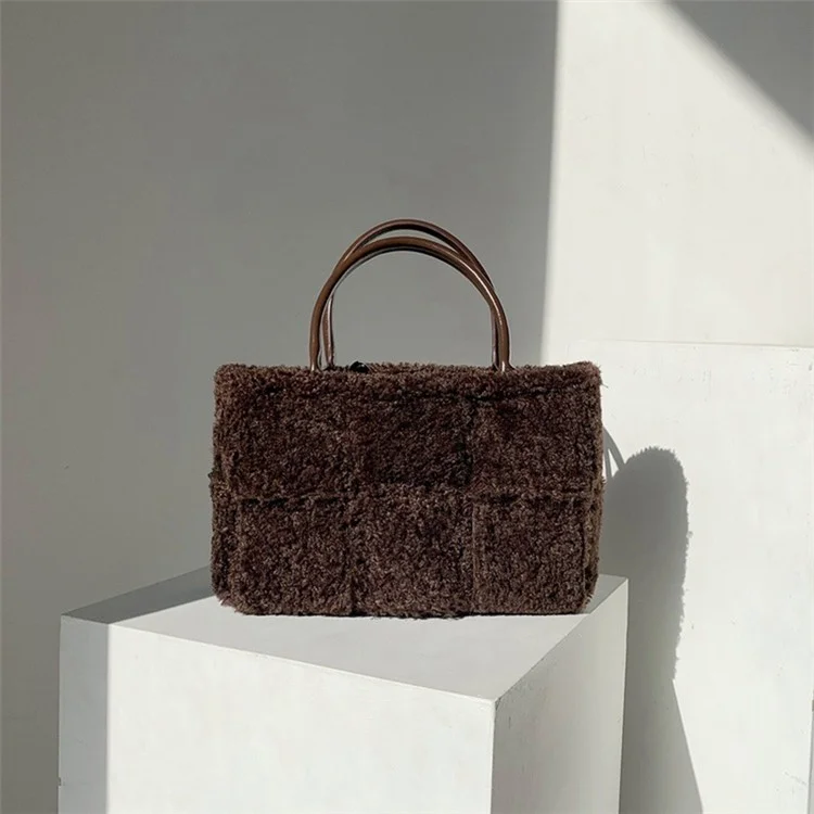 Large Nylon Soft Plush Tote Handbag Top-Handle Women's Bucket Bag Clutch Purse - Coffee