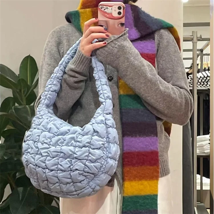 Large Capacity Polyester Pleated Design Women Handbag Stylish Single Shoulder Bag - Sky Blue