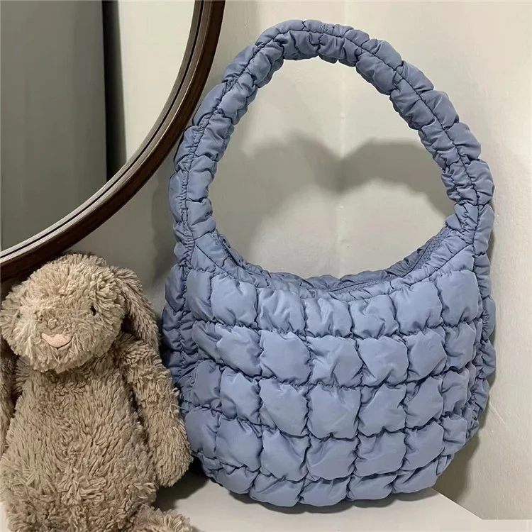Large Capacity Polyester Pleated Design Women Handbag Stylish Single Shoulder Bag - Sky Blue
