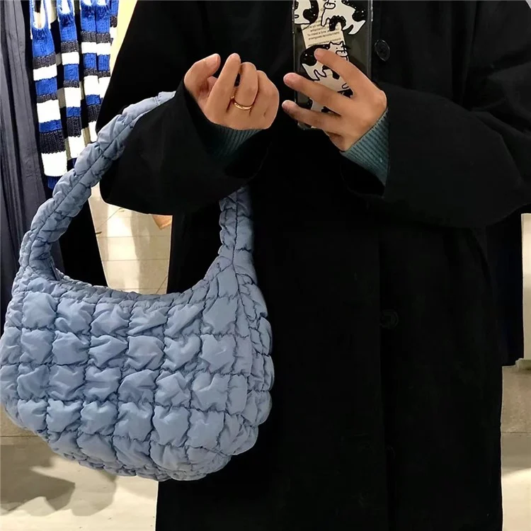 Large Capacity Polyester Pleated Design Women Handbag Stylish Single Shoulder Bag - Sky Blue