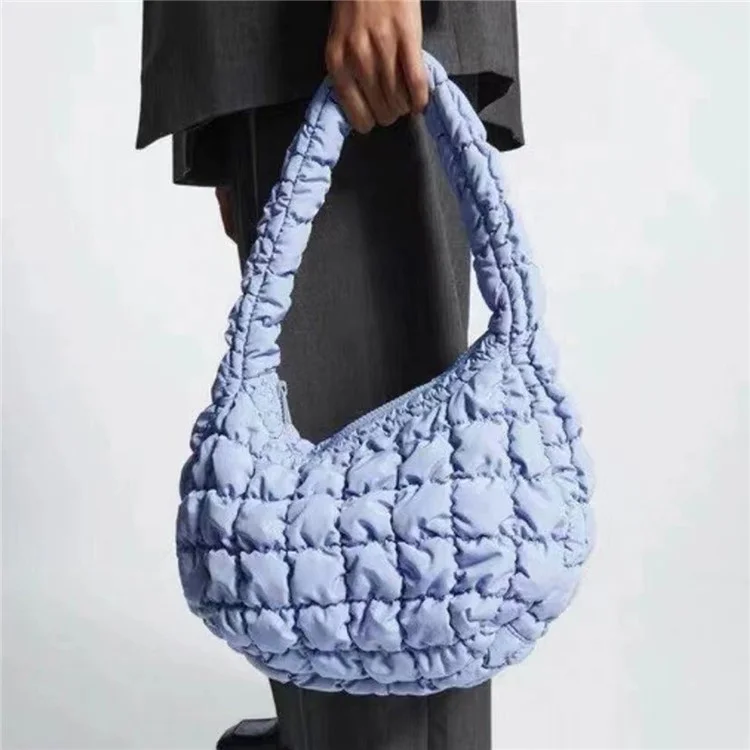 Large Capacity Polyester Pleated Design Women Handbag Stylish Single Shoulder Bag - Sky Blue