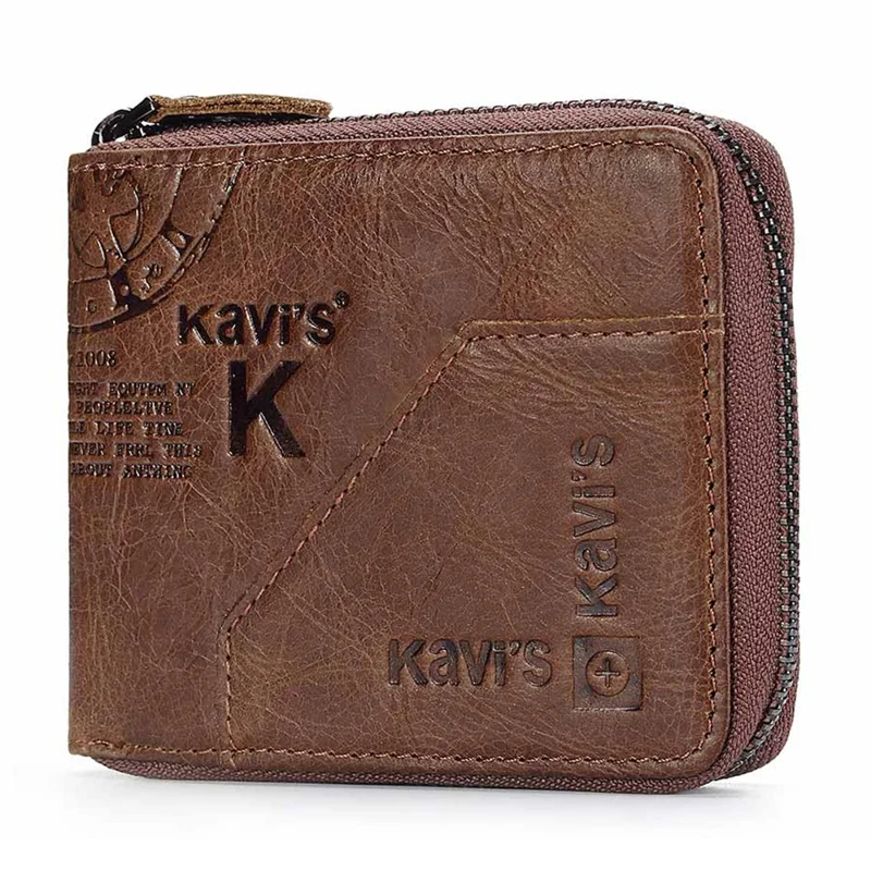 KAVIS KA0004-Coffee-Style4 Top Layer Cowhide Leather Zippered Wallet for Men Multi-Layer Card Slot Coin Purse Clutch Bag