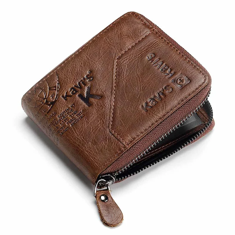 KAVIS KA0004-Coffee-Style4 Top Layer Cowhide Leather Zippered Wallet for Men Multi-Layer Card Slot Coin Purse Clutch Bag