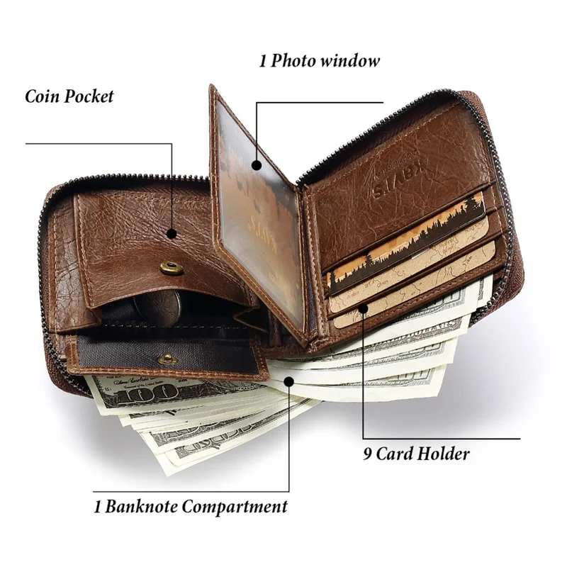 KAVIS KA0004-Coffee-Style4 Top Layer Cowhide Leather Zippered Wallet for Men Multi-Layer Card Slot Coin Purse Clutch Bag