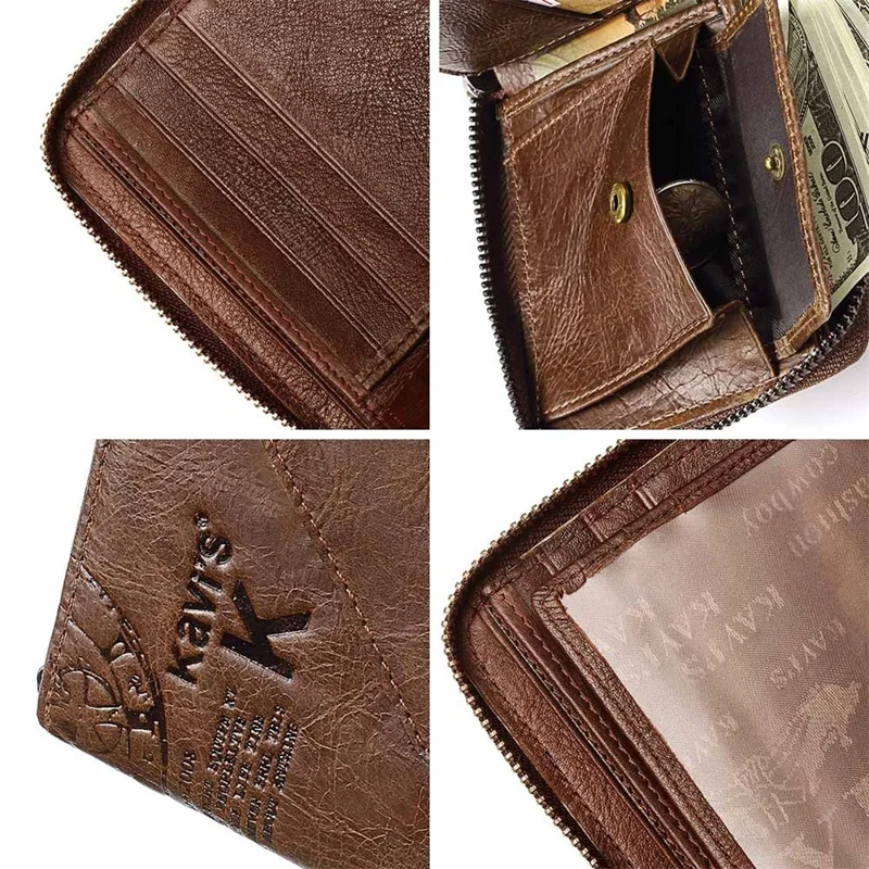 KAVIS KA0004-Coffee-Style4 Top Layer Cowhide Leather Zippered Wallet for Men Multi-Layer Card Slot Coin Purse Clutch Bag