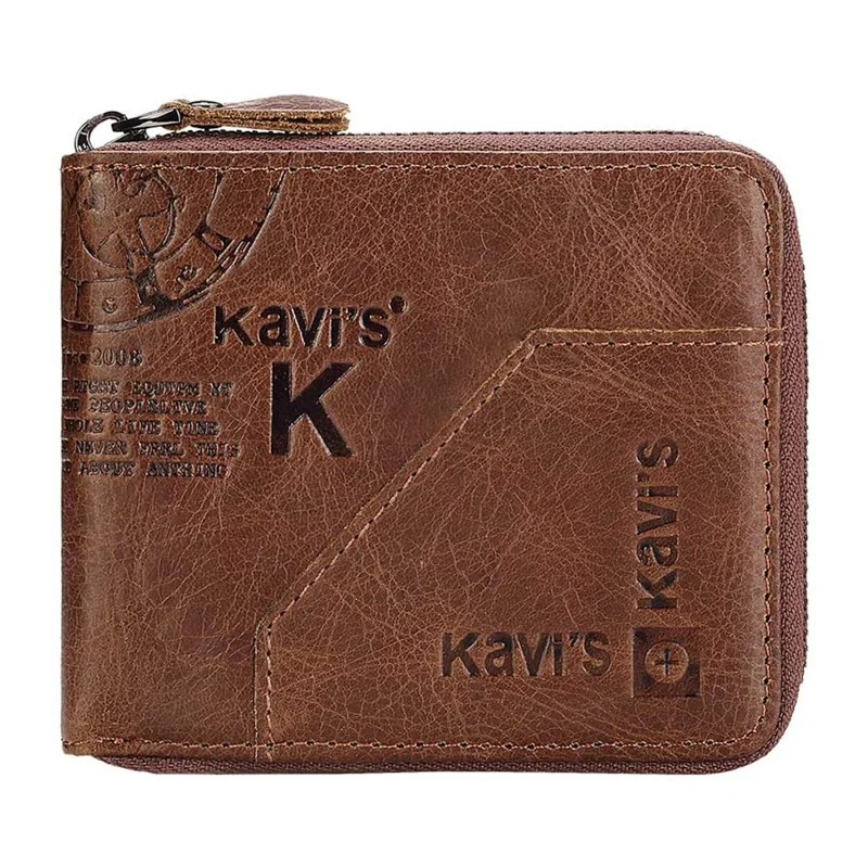 KAVIS KA0004-Coffee-Style4 Top Layer Cowhide Leather Zippered Wallet for Men Multi-Layer Card Slot Coin Purse Clutch Bag