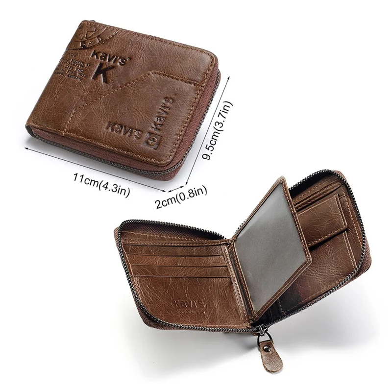 KAVIS KA0004-Coffee-Style4 Top Layer Cowhide Leather Zippered Wallet for Men Multi-Layer Card Slot Coin Purse Clutch Bag