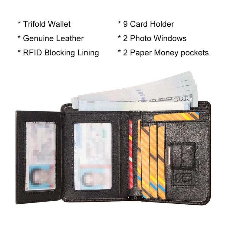 HUMERPAUL BP722 Top Layer Cowhide Leather Slim Wallet RFID Blocking Card Slot Coin Purse Bag - Schwarz
