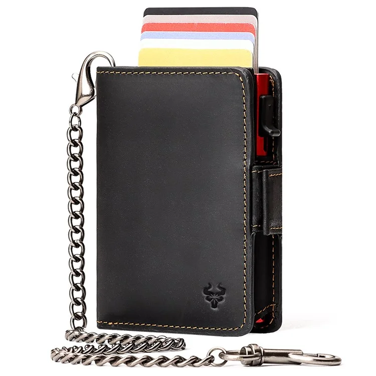 HUMERPAUL BP713 PORTEFEUILLE BLOQUEUR RFID Couche supérieure en cuir de vache Fente pour carte en métal Porte-monnaie avec chaîne - Noir