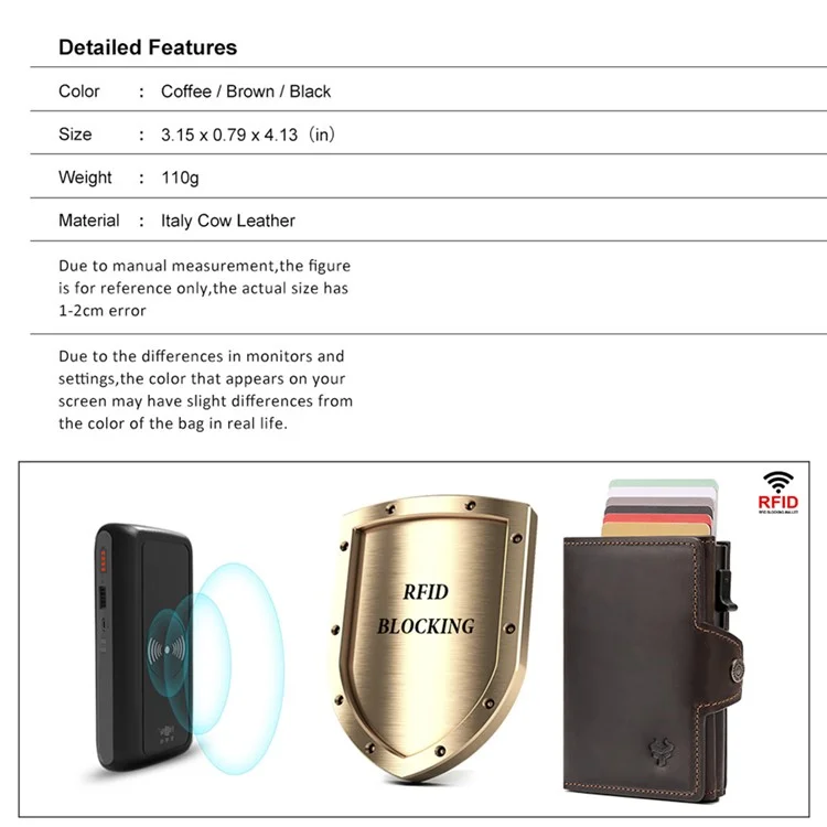 HUMERPAUL BP713 PORTEFEUILLE BLOQUEUR RFID Couche supérieure en cuir de vache Fente pour carte en métal Porte-monnaie avec chaîne - Noir