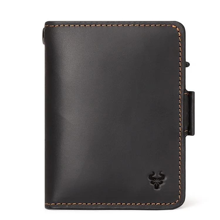 HUMERPAUL BP713 PORTEFEUILLE BLOQUEUR RFID Couche supérieure en cuir de vache Fente pour carte en métal Porte-monnaie avec chaîne - Noir