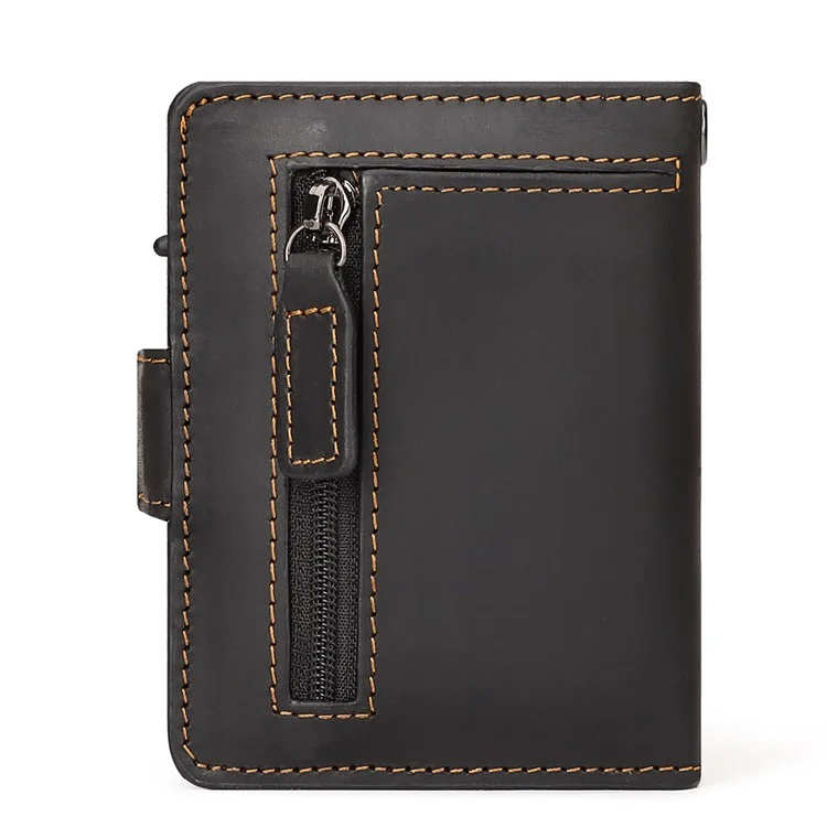 HUMERPAUL BP713 PORTEFEUILLE BLOQUEUR RFID Couche supérieure en cuir de vache Fente pour carte en métal Porte-monnaie avec chaîne - Noir