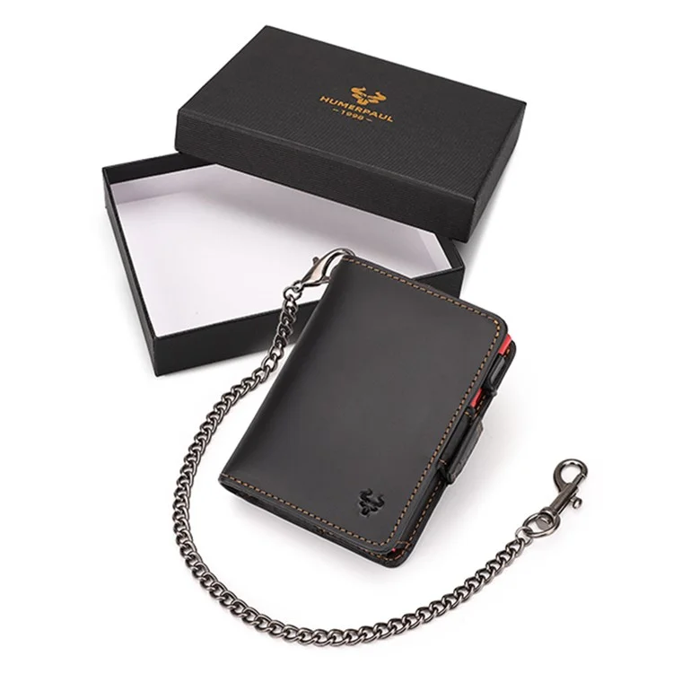 HUMERPAUL BP713 PORTEFEUILLE BLOQUEUR RFID Couche supérieure en cuir de vache Fente pour carte en métal Porte-monnaie avec chaîne - Noir