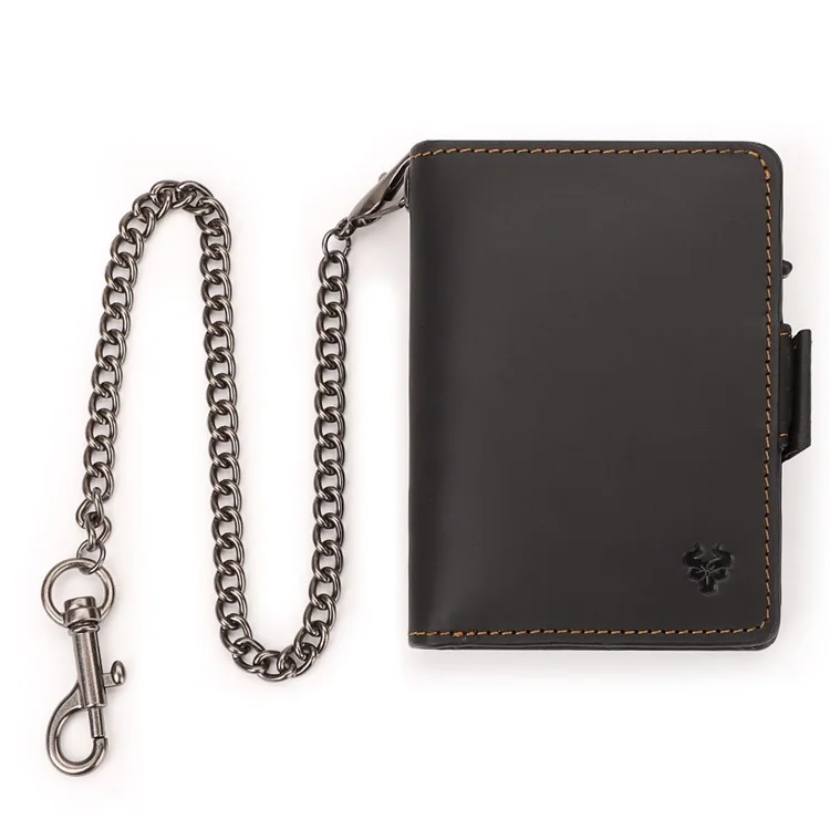HUMERPAUL BP713 PORTEFEUILLE BLOQUEUR RFID Couche supérieure en cuir de vache Fente pour carte en métal Porte-monnaie avec chaîne - Noir