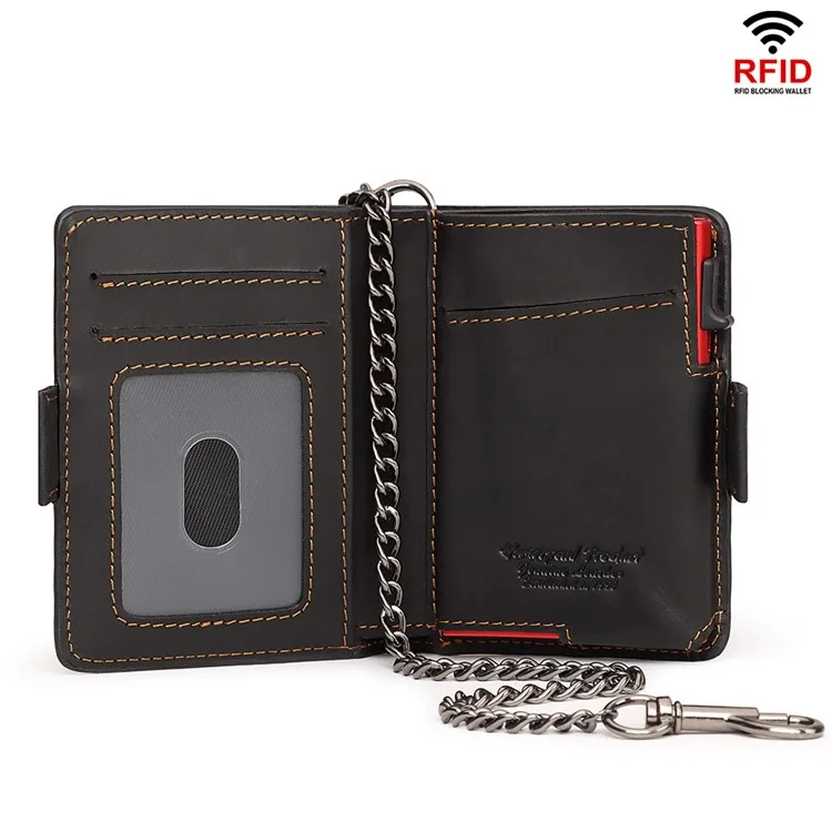 HUMERPAUL BP713 PORTEFEUILLE BLOQUEUR RFID Couche supérieure en cuir de vache Fente pour carte en métal Porte-monnaie avec chaîne - Noir