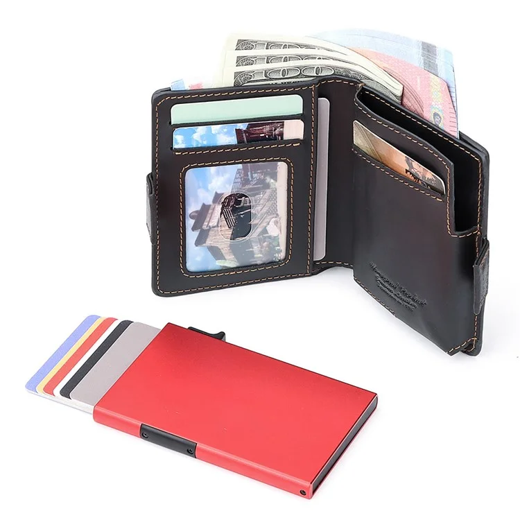 HUMERPAUL BP713 PORTEFEUILLE BLOQUEUR RFID Couche supérieure en cuir de vache Fente pour carte en métal Porte-monnaie avec chaîne - Noir