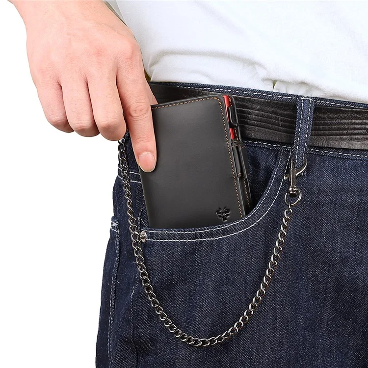 HUMERPAUL BP713 PORTEFEUILLE BLOQUEUR RFID Couche supérieure en cuir de vache Fente pour carte en métal Porte-monnaie avec chaîne - Noir