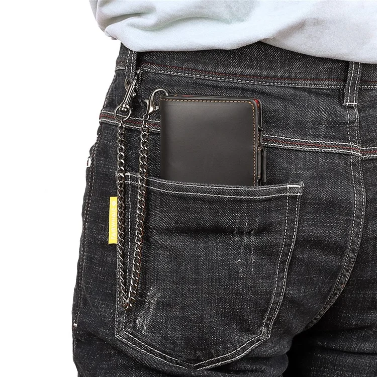 HUMERPAUL BP713 PORTEFEUILLE BLOQUEUR RFID Couche supérieure en cuir de vache Fente pour carte en métal Porte-monnaie avec chaîne - Noir