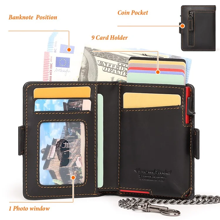 HUMERPAUL BP713 PORTEFEUILLE BLOQUEUR RFID Couche supérieure en cuir de vache Fente pour carte en métal Porte-monnaie avec chaîne - Noir
