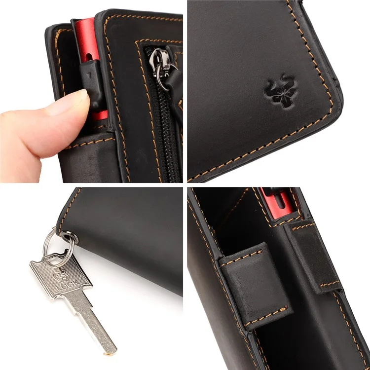 HUMERPAUL BP713 PORTEFEUILLE BLOQUEUR RFID Couche supérieure en cuir de vache Fente pour carte en métal Porte-monnaie avec chaîne - Noir