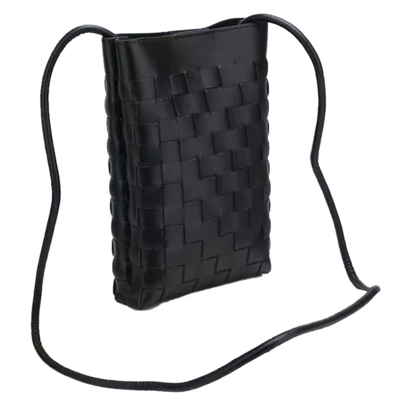 108 Knit Top-Layer Cowhide Leather Crossbody Shoulder Bag Daypack Phone Carrying Clutch Pouch - Black