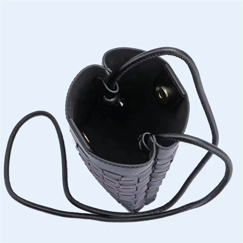 108 Knit Top-Layer Cowhide Leather Crossbody Shoulder Bag Daypack Phone Carrying Clutch Pouch - Black