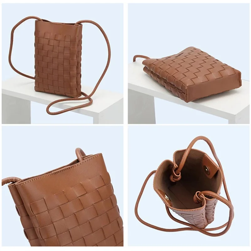 108 Knit Top-Layer Cowhide Leather Crossbody Shoulder Bag Daypack Phone Carrying Clutch Pouch - Black