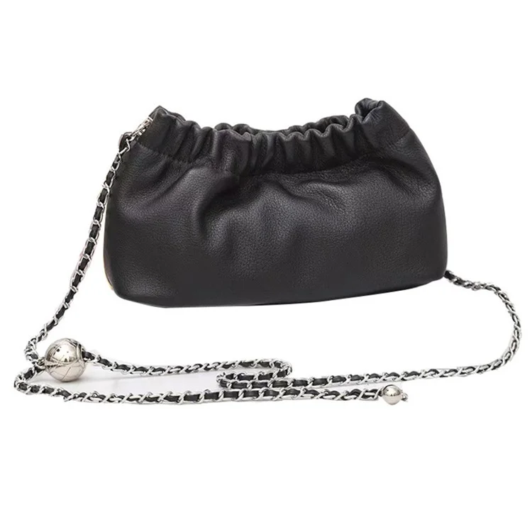 Sac à bandoulière en cuir de vache de qualité supérieure pour femmes - Sac à épaule froissé pour fille - Noir