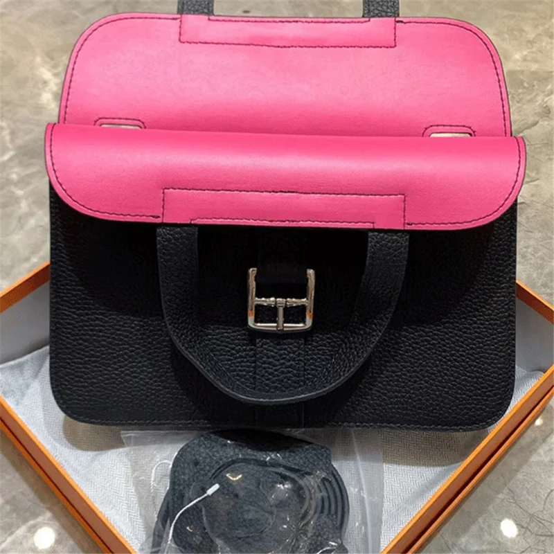 Top Layer Cowhide Leather Crossbody Bag Women Shoulder Bag Color Matching Underarm Bag - Black / Rose