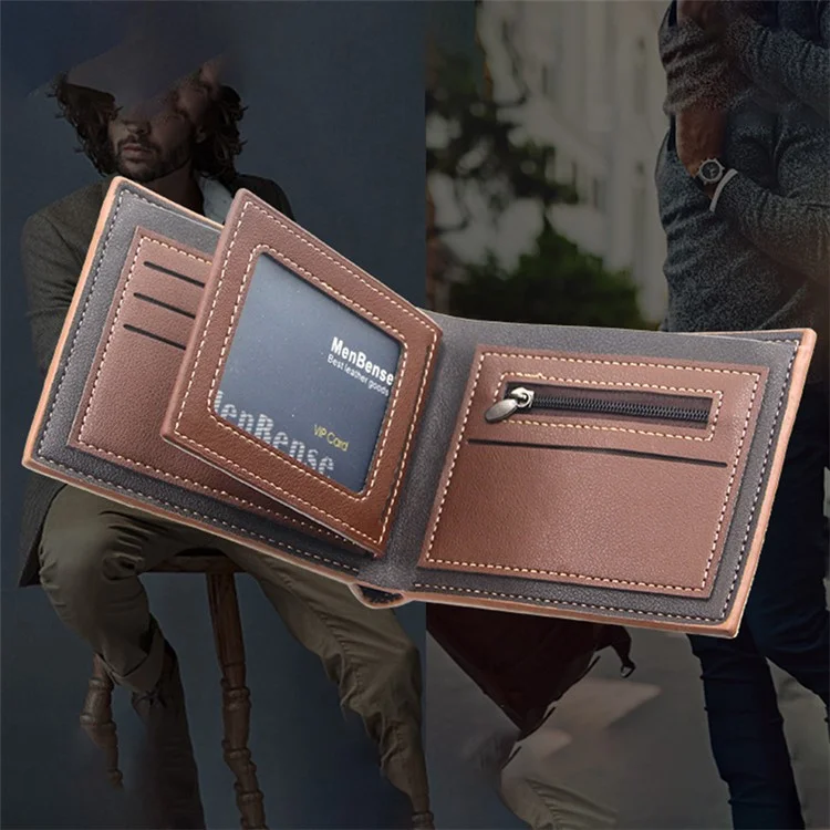 MENBENSE D3301-4 Portafoglio da Uomo in Pelle PU, Porta Carte di Credito, Portamonete - Marrone Scuro
