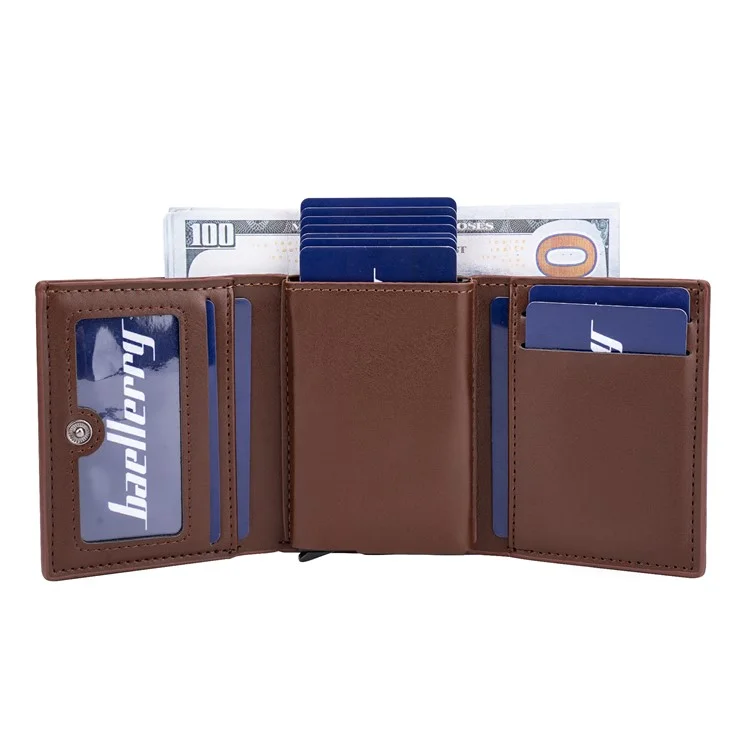 BAELLERRY K9214 Portafoglio Uomo in Pelle PU + Metallo con Blocco RFID e Design Pop-Up - Marrone