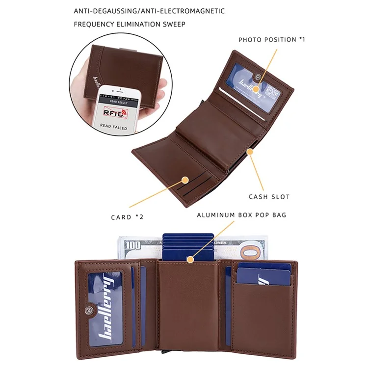 BAELLERRY K9214 Portafoglio Uomo in Pelle PU + Metallo con Blocco RFID e Design Pop-Up - Marrone