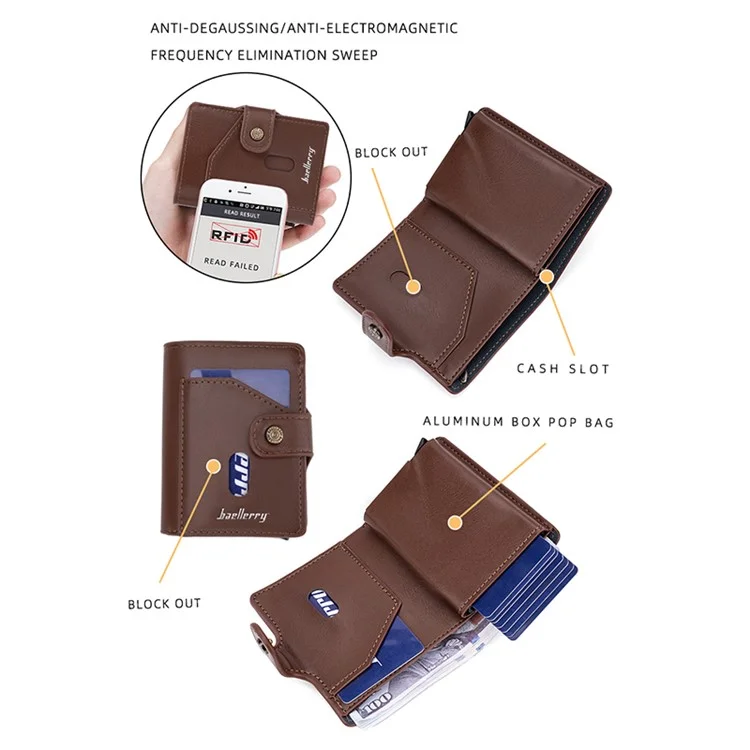 BAELLERRY K9217 PU Leather+Metal Card Holder Case Men's RFID Blocking Wallet Coin Purse Bag Billfold - Marrom