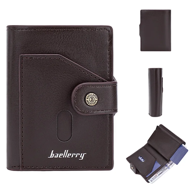 BAELLERRY K9217 Cartera de tarjetas de cuero PU + metal para hombre con bloqueo RFID - Café