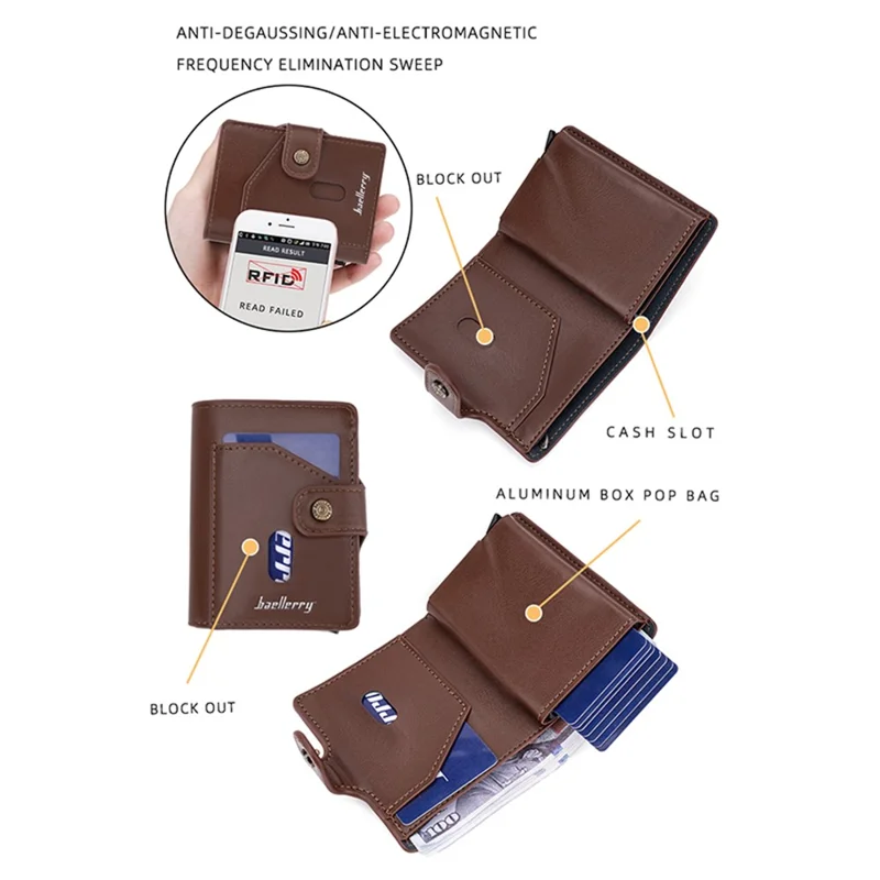 BAELLERRY K9217 Cartera de tarjetas de cuero PU + metal para hombre con bloqueo RFID - Café